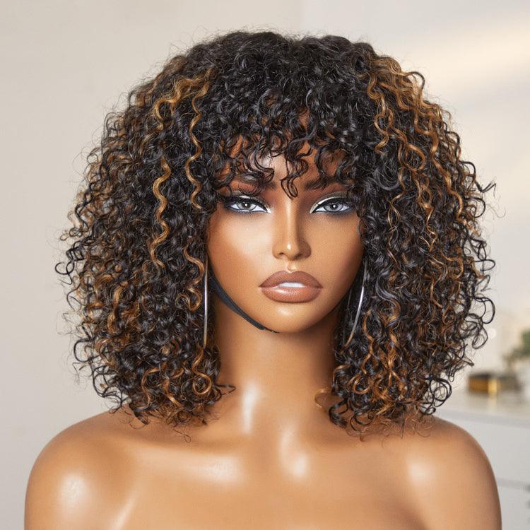 Alisanda Beginner Friendly Water Wave Minimalist Lace Glueless Short Curly Wig with Bangs