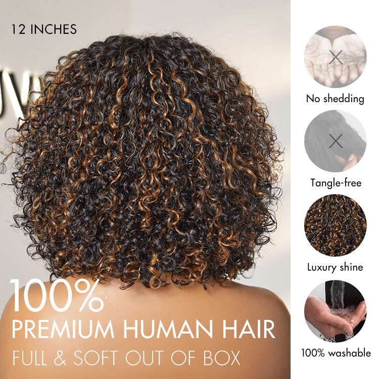 Alisanda Beginner Friendly Water Wave Minimalist Lace Glueless Short Curly Wig with Bangs