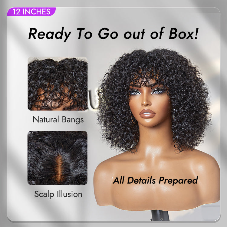Alisanda Beginner Friendly Water Wave Minimalist Lace Glueless Short Curly Wig with Bangs