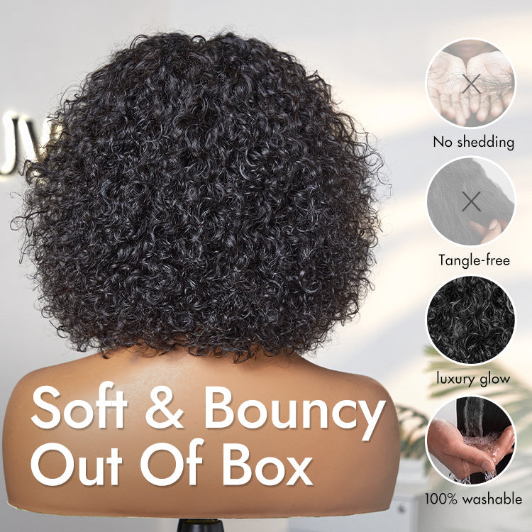 Alisanda Beginner Friendly Water Wave Minimalist Lace Glueless Short Curly Wig with Bangs