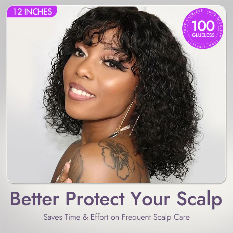Alisanda Beginner Friendly Water Wave Minimalist Lace Glueless Short Curly Wig with Bangs