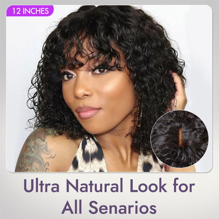 Alisanda Beginner Friendly Water Wave Minimalist Lace Glueless Short Curly Wig with Bangs