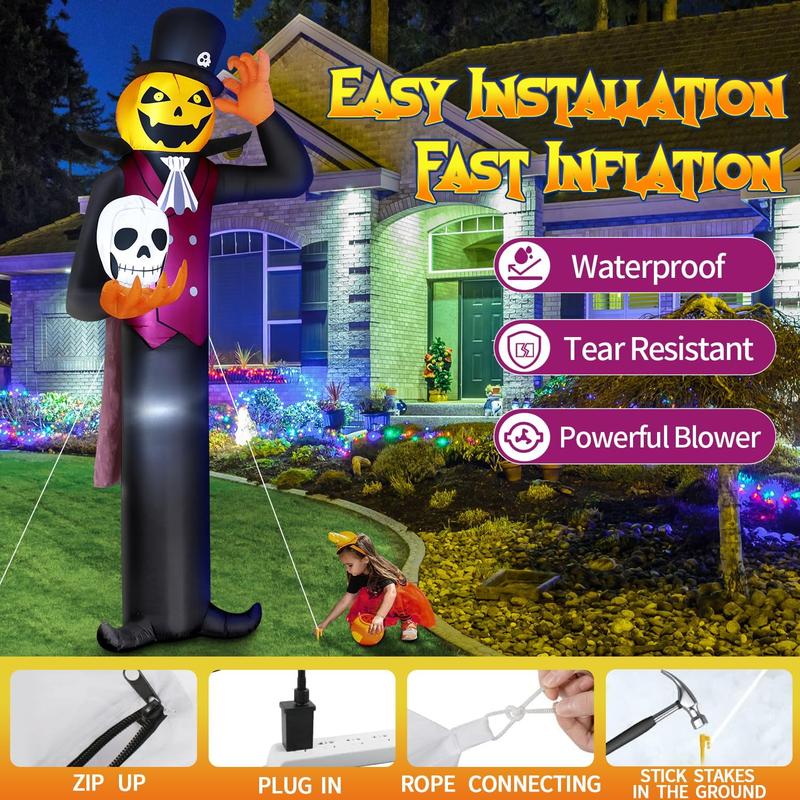 AQA 12FT Giant Halloween Inflatable Blow Up Decorations, Pumpkin Man Holding Skull with Built-in LEDs for Holiday Party Garden Lawn Yard Patio Décor