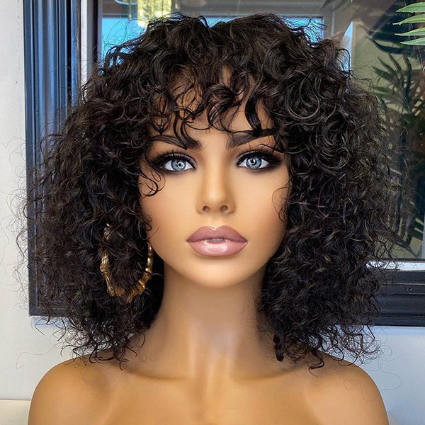 Alisanda Beginner Friendly Water Wave Minimalist Lace Glueless Short Curly Wig with Bangs
