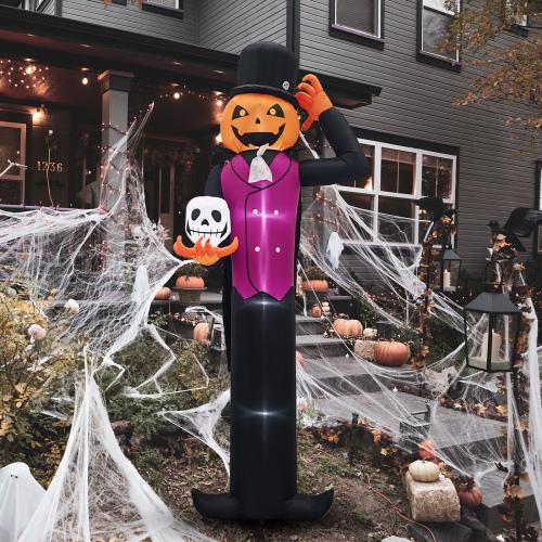 AQA 12FT Giant Halloween Inflatable Blow Up Decorations, Pumpkin Man Holding Skull with Built-in LEDs for Holiday Party Garden Lawn Yard Patio Décor