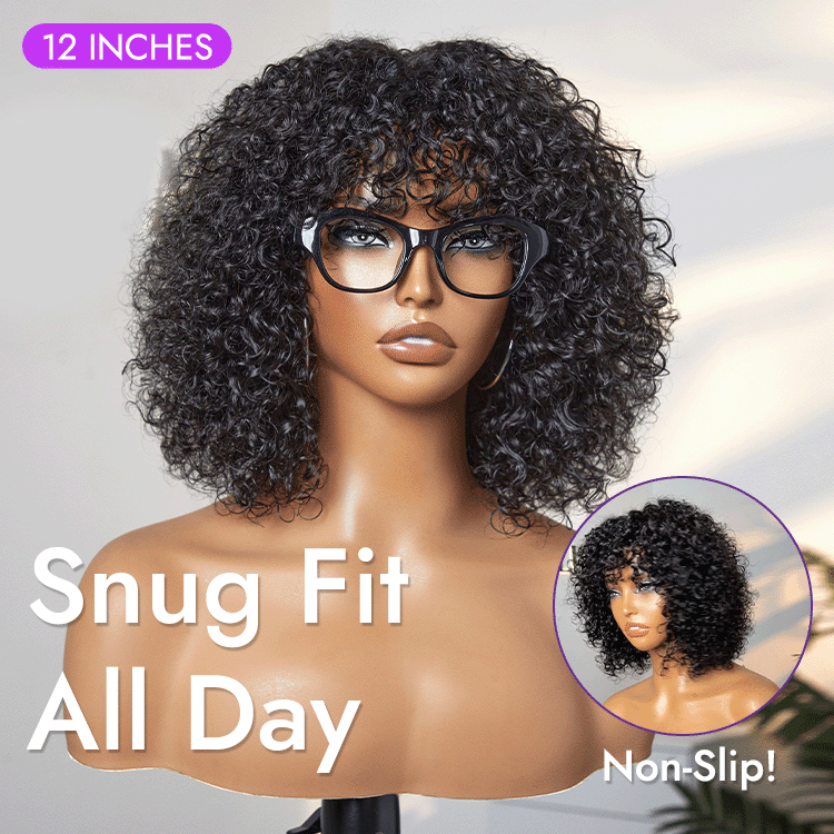 Alisanda Beginner Friendly Water Wave Minimalist Lace Glueless Short Curly Wig with Bangs