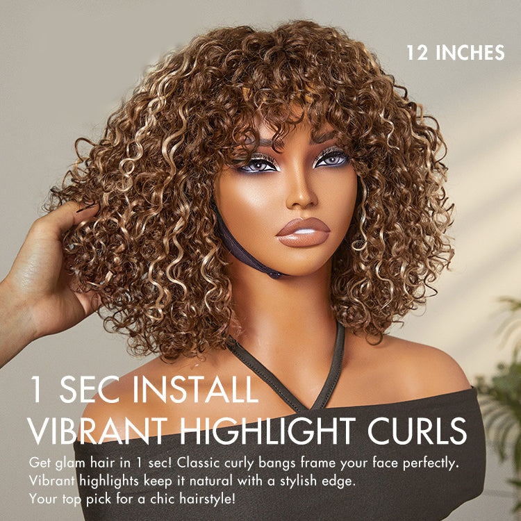 Alisanda Beginner Friendly Water Wave Minimalist Lace Glueless Short Curly Wig with Bangs