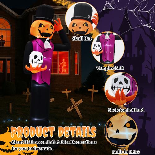 AQA 12FT Giant Halloween Inflatable Blow Up Decorations, Pumpkin Man Holding Skull with Built-in LEDs for Holiday Party Garden Lawn Yard Patio Décor
