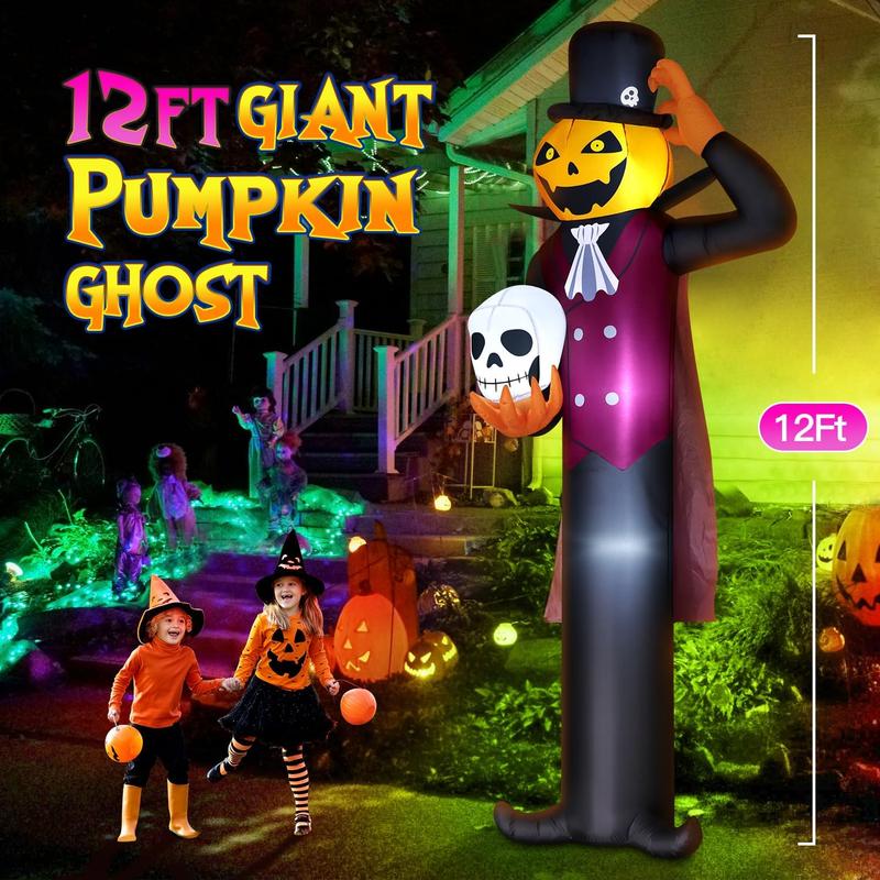 AQA 12FT Giant Halloween Inflatable Blow Up Decorations, Pumpkin Man Holding Skull with Built-in LEDs for Holiday Party Garden Lawn Yard Patio Décor