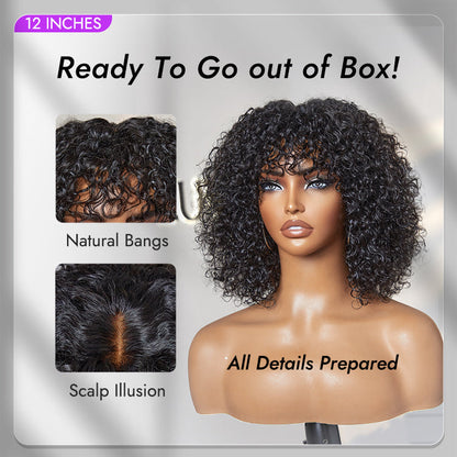 Alisanda Beginner Friendly Water Wave Minimalist Lace Glueless Short Curly Wig with Bangs