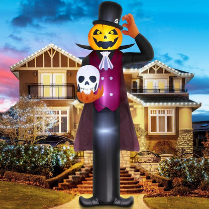 AQA 12FT Giant Halloween Inflatable Blow Up Decorations, Pumpkin Man Holding Skull with Built-in LEDs for Holiday Party Garden Lawn Yard Patio Décor
