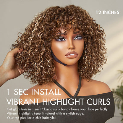 Alisanda Beginner Friendly Water Wave Minimalist Lace Glueless Short Curly Wig with Bangs