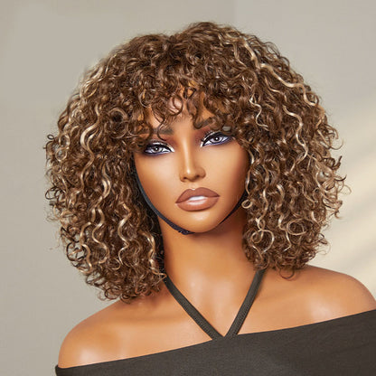 Alisanda Beginner Friendly Water Wave Minimalist Lace Glueless Short Curly Wig with Bangs